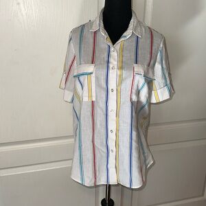 VTG CARIBOU WHITE MULTI COLOR VERTICAL STRIPE BUTTON UP SHORT SLEEVE